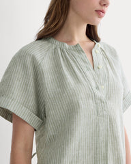 The Popover Dress In Linen | Oil Green / White
