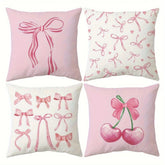 Pink Bow & Cherry Printed Pillowcase – Soft & Cute Cushion Cover