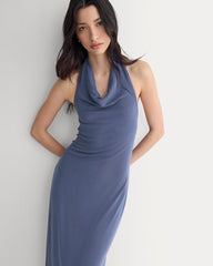 Cowlneck Halter Dress In Butterknit | Washed Navy