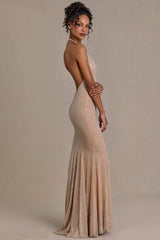 Embellished Plunge-Neck Open-Back Gown in Beige Gold
