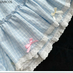 Kawaii Blue Plaid Mini Skirt – Y2K Harajuku Preppy Pleated Skirt with Bow