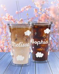 Personalized Name Cloud Cup with Straw | 16oz Clear Insulated Tumbler, Aesthetic Iced Coffee Cup, Birthday Gift for Girls, Custom Name Gift