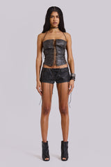 Odile Black Faux Leather Lace Up Corset