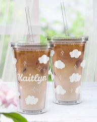 Personalized Name Cloud Cup with Straw | 16oz Clear Insulated Tumbler, Aesthetic Iced Coffee Cup, Birthday Gift for Girls, Custom Name Gift