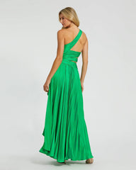 Green One Shoulder Pleated Charmeuse Gown With Slit