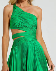 Green One Shoulder Pleated Charmeuse Gown With Slit