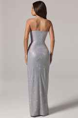 Embellished Bandeau Cowl-Waist Maxi Dress in Silver