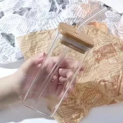 1 PC 400ml Square Glass Coffee Cup with Lid & Straw