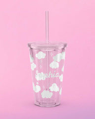 Personalized Name Cloud Cup with Straw | 16oz Clear Insulated Tumbler, Aesthetic Iced Coffee Cup, Birthday Gift for Girls, Custom Name Gift