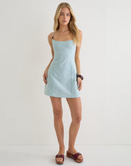 Ambra Scoop Mini Dress in Linen Steel Blue