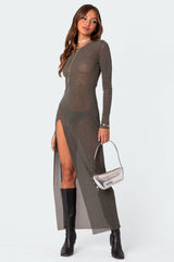 Glitter Mesh Slitted Maxi Dress