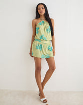 Sunyi Mini Dress in Green Blurred Jungle with Turquoise Rose