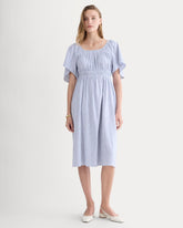 The Flutter-Sleeve Dress In Stretch Linen | White / Dutch Blue