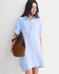 Mini Popover Shirtdress In Linen | Light Blue