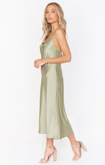 Verona Cowl Dress ~ Moss Green Luxe Satin