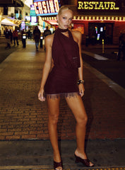 Loraina Scarf Beaded Mini Dress Burgundy