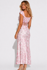 Lace-Trim Satin Floral Maxi Dress