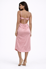 Ruched Satin Midi Dress With High Slit
