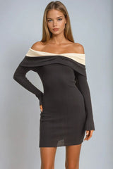 Off-The-Shoulder Contrast-Trim Mini Dress