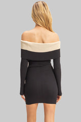 Off-The-Shoulder Contrast-Trim Mini Dress