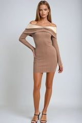 Off-The-Shoulder Contrast-Trim Mini Dress
