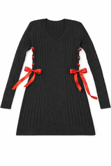 Cable Knit Lace-Up Ribbon Mini Dress