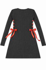 Cable Knit Lace-Up Ribbon Mini Dress