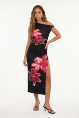 Floral Off The Shoulder Midi Dress With High Slit