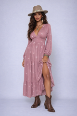 Floral-Embroidered Tiered Maxi Dress