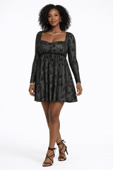 Long-Sleeve Metallic Baby Doll Mini Dress