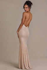 Embellished Plunge-Neck Open-Back Gown in Beige Gold