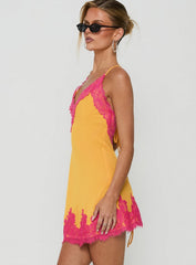 Call My Lover Lace Slip Mini Dress Gold / Fuchsia