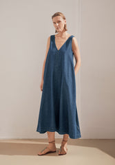 V-Ausschnitt Jeans-Midi-Kleid | Eau