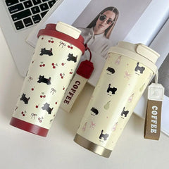 Cute Cherry Cat Coffee Tumbler 500ml Kawaii Water Bottle Stainless Steel Thermal Cup With Straw