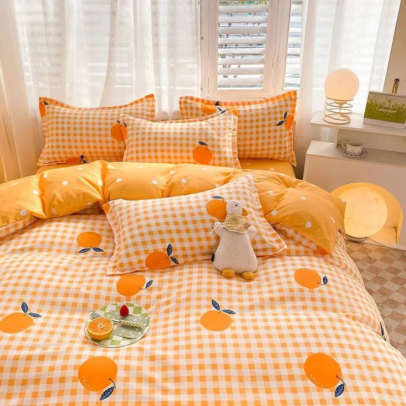 Orange Plaid Duvet Cover Bedding Set