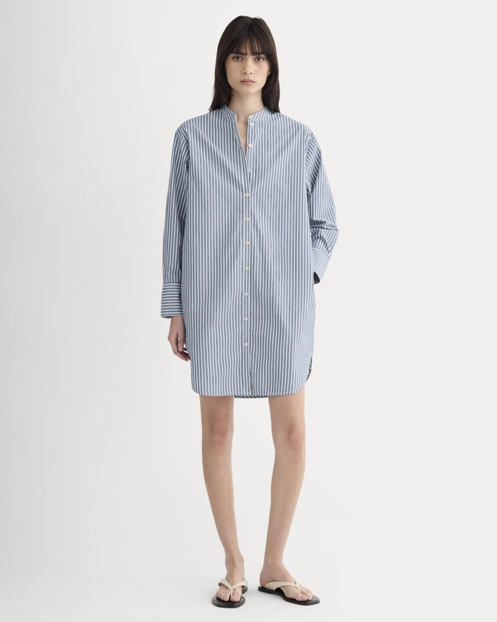 The Relaxed Shirt Dress In Ultrasoft Cotton | Bone / Mazarine Blue