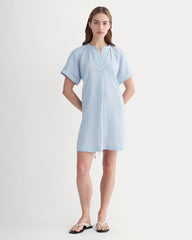 The Popover Dress In Linen | Sky Blue / White