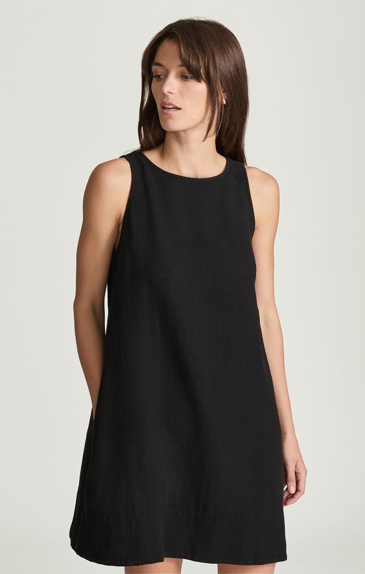 Linen Mini Shift Dress In Black