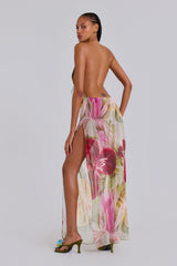 Dahlia Hand-Beaded Backless Chiffon Maxi Dress in Rosa