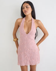 Codami Halterneck Mini Dress in Sequin Knit Pink