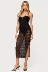 Sheer Lace Built In Bodysuit Midi Dress
