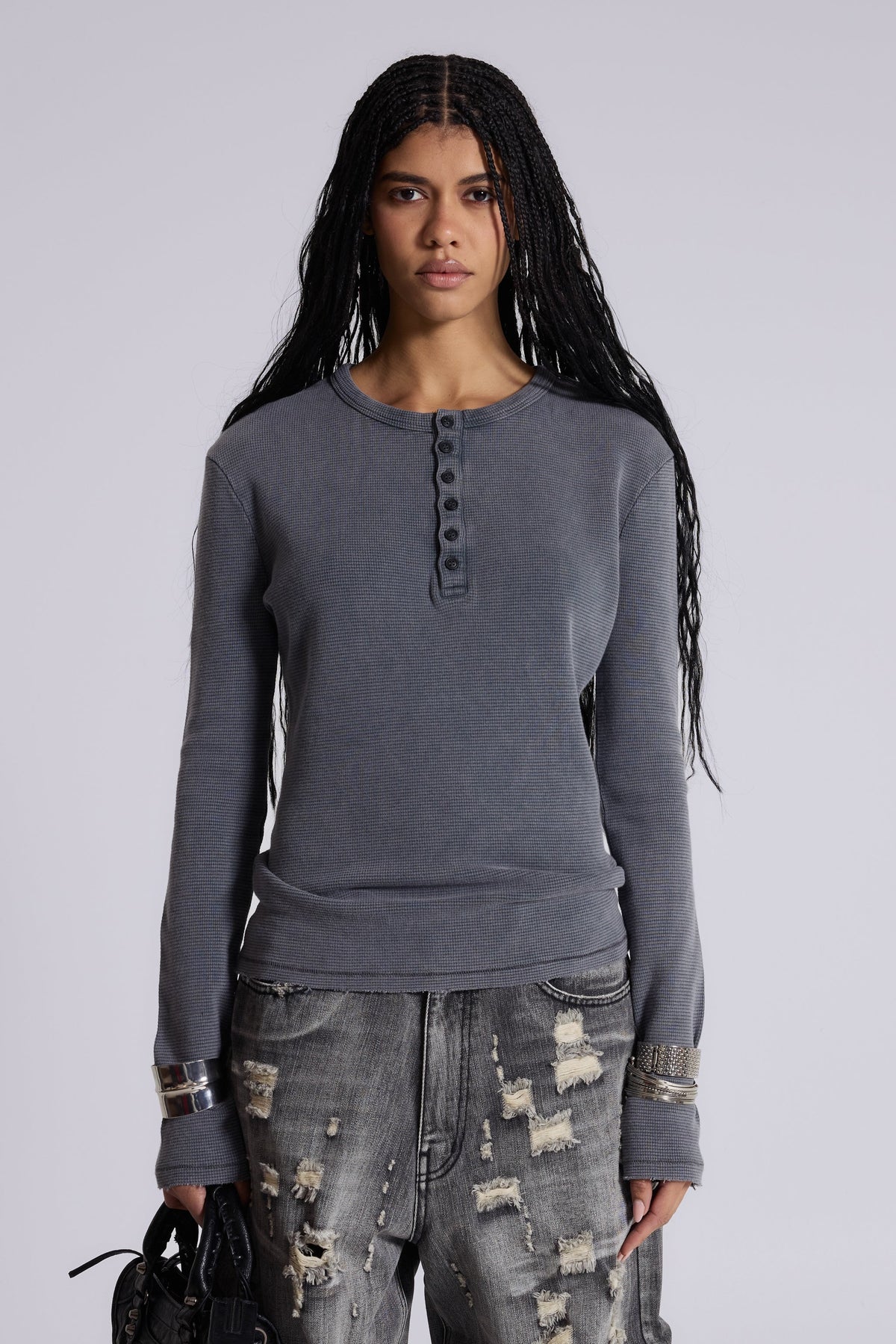 Charcoal Waffle Henley Top