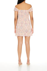 Smocked Ornate Print Mini Dress