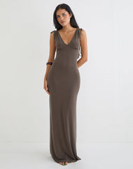 Sanyu Plunge Maxi Dress in Cupro Dark Brown
