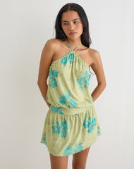 Sunyi Mini Dress in Green Blurred Jungle with Turquoise Rose