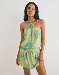 Sunyi Mini Dress in Green Blurred Jungle with Turquoise Rose