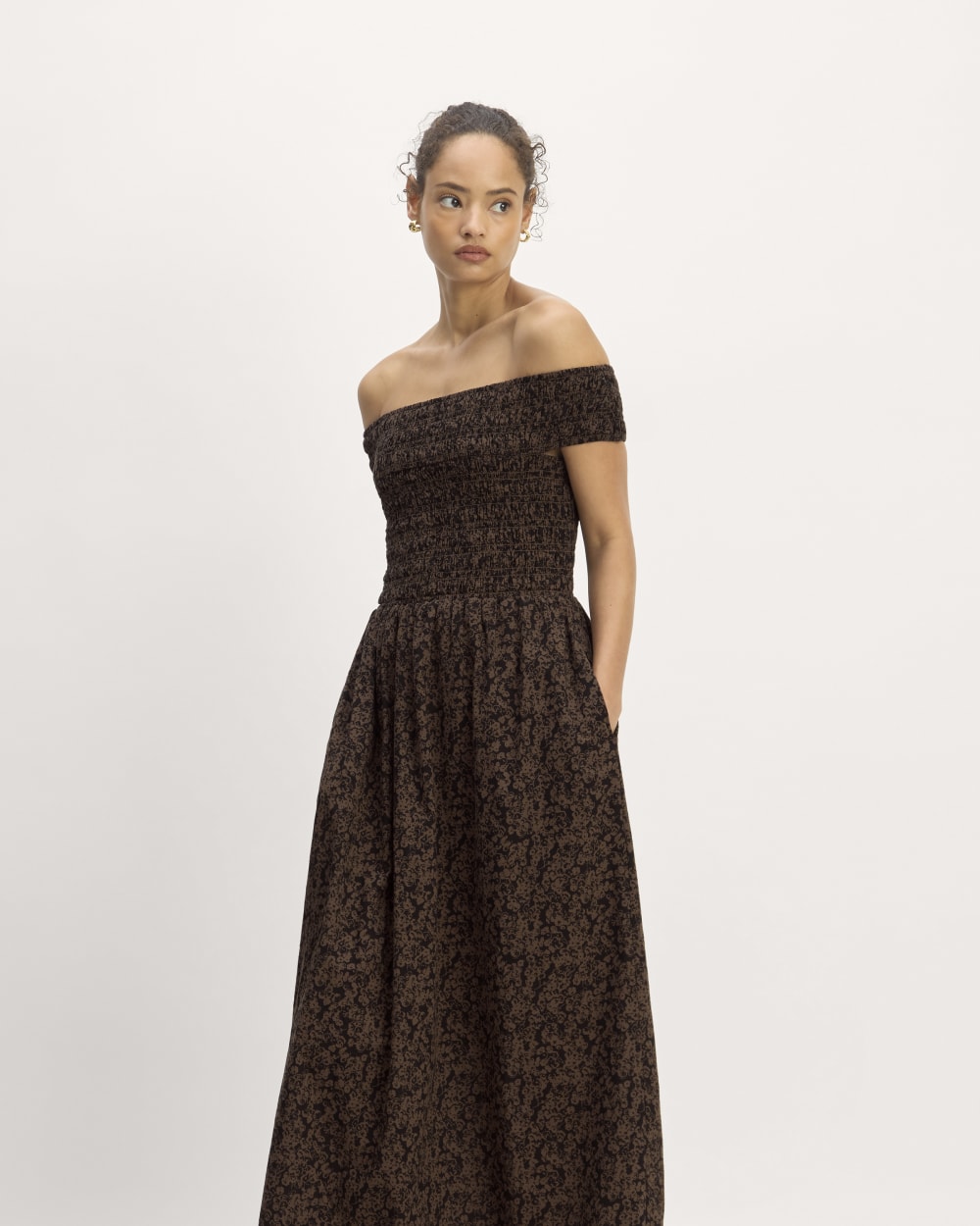 The Gauze Off-The-Shoulder Dress | Black / Cocoa Small Floral