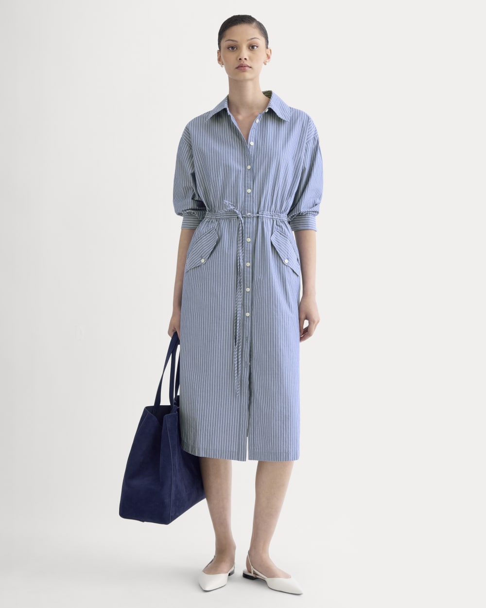 The Drawcord Shirtdress In Ultrasoft Cotton | Mazarine Blue / Optic White