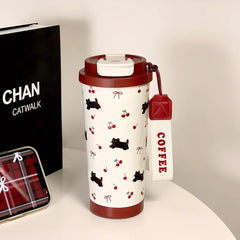 Cute Cherry Cat Coffee Tumbler 500ml Kawaii Water Bottle Stainless Steel Thermal Cup With Straw