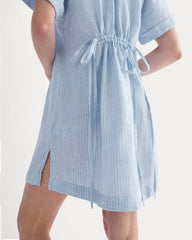 The Popover Dress In Linen | Sky Blue / White